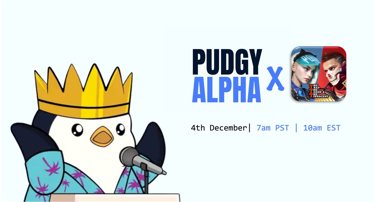 Pudgy Alpha x TTT

✔️Join us on Monday 10:00 am EST for our AMA with <a href="/3T_shootergame/">TTT</a> 

👉🏻Like, RT, and set Reminders!

We will have some surprises.

x.com/i/spaces/1YpKk…