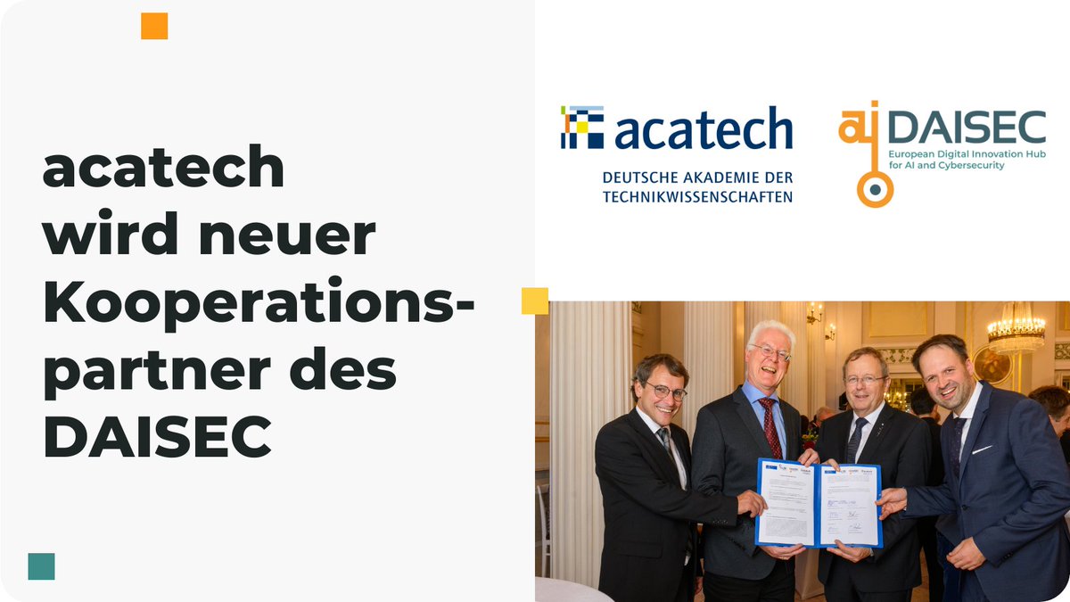 📢<a href="/acatech_de/">acatech</a> ist neuer Kooperationspartner des DAISEC. Beide wollen den Wissens- und Technologietransfer in die mittelständische Wirtschaft vorantreiben, besonders in den Bereichen #KI und #Datenökonomie für die Produktion und Mobilität.
Wir freuen uns auf die Zusammenarbeit!