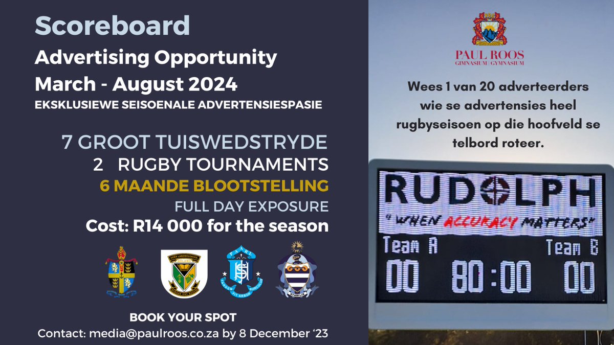 Slegs 10 Advertensiespasies oor! Make sure you book your spot before 8 December 2023. Contact Luna Paige at media@paulroos.co.za for a info and booking sheet. #prgadvertising #supportpaulroosgymnasium