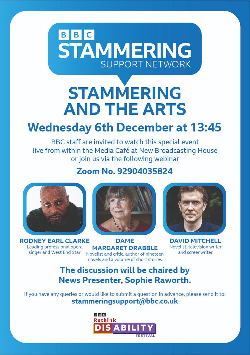 📢 THIS WEDNESDAY 📢 Tune in to a special event from the BBC Stammering Support Network this Wednesday 6 December at 13:45 - featuring 3 of our brilliant Patrons, @rodneyEclarke @david_mitchell and Margaret Drabble. All are welcome to join online, Zoom no. 92904035824.