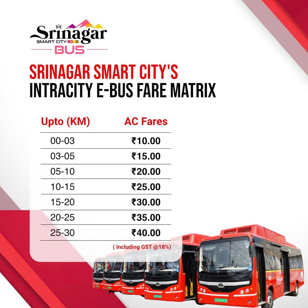 This is the Fare Matrix of Srinagar Smart City Electric Buses! Please make sure you don’t travel without a ticket. Travelling without a ticket is an offence and will invoke heavy fine. The ticket assistants conductors in the buses have Electronic Machines with them for tickets.…