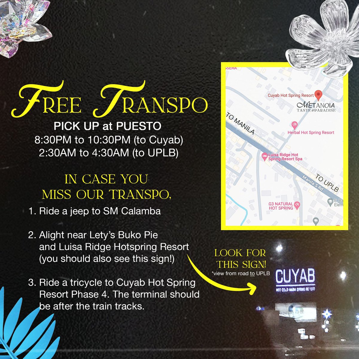 TheUPLBJocks's tweet photo. ‼️3 DAYS LEFT ‘TIL PARADISE ‼️

Free transport is available from 8:30pm to 10:30pm at Puesto 💨

But just in case you missed it, this map has you covered!

Don’t get lost on your way to paradise 😉🌺

#Metanoia2023
#TasteofParadise
#TheUPLBJocks https://t.co/E0FHukU45s