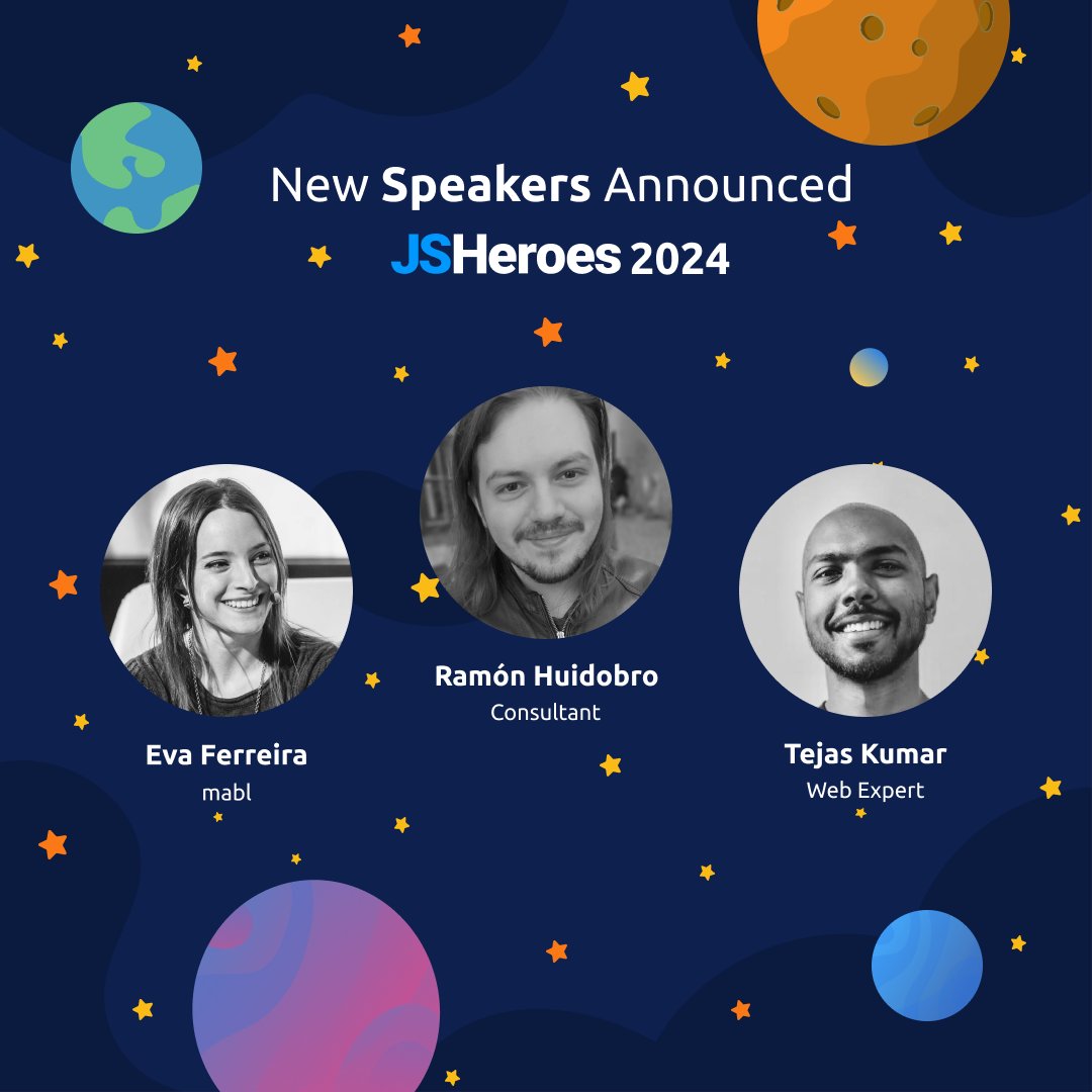 📣🥁 New Speaker Alert for JSHeroes 2024! 🎉 💡 Warmly welcoming to our conference: Eva Ferreira @evaferreira92 Ramón Huidobro @hola_soy_milk Tejas Kumar @TejasKumar_ 👉 Learn more about our speakers and what they have in store for you at jsheroes.io/#speakers