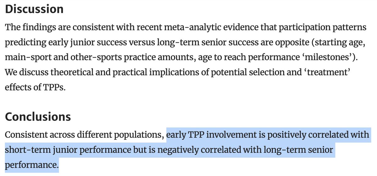 Via <a href="/TLexercise/">Tommy Lundberg</a>, here's a systematic review that concludes what we "know", but rarely do, for talent development in sports systems. Start early, succeed early, but at a price: "...higher-performing SENIOR athletes commenced TPP involvement at older ages": link.springer.com/article/10.100…