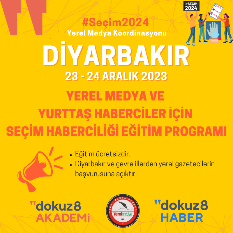 📢 Seçim Haberciliği Eğitimi Diyarbakır'a geliyor!

🎓<a href="/dokuz8akademi/">dokuz8akademi</a> ve <a href="/dokuz8haber/">dokuz8haber</a> yerel gazeteciler ve yurttaş habercilere yönelik seçim haberciliği eğitimi düzenliyor.

📍Diyarbakır
🗓️ 23 - 24 Aralık 2023

📲Siz başvurun, biz sizi arayalım 👇
🔗 forms.gle/bW7oYic1Dn1tMB…