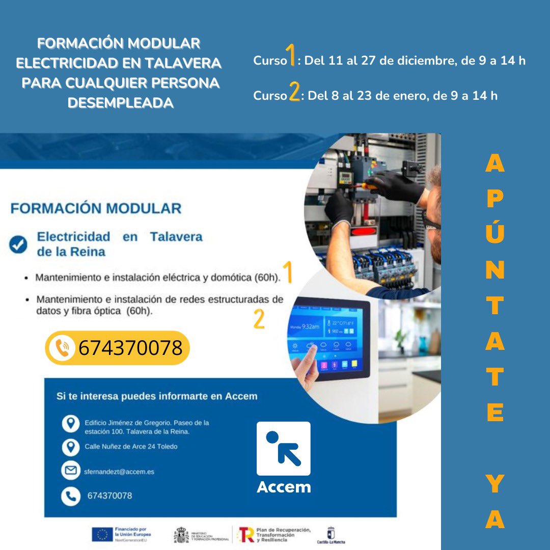 Cursos de electricidad gratuitos en #Talavera, para cualquier persona desempleada inscrita como demandante de empleo ⬇️⬇️ 
#empleo #empleotalavera #formación