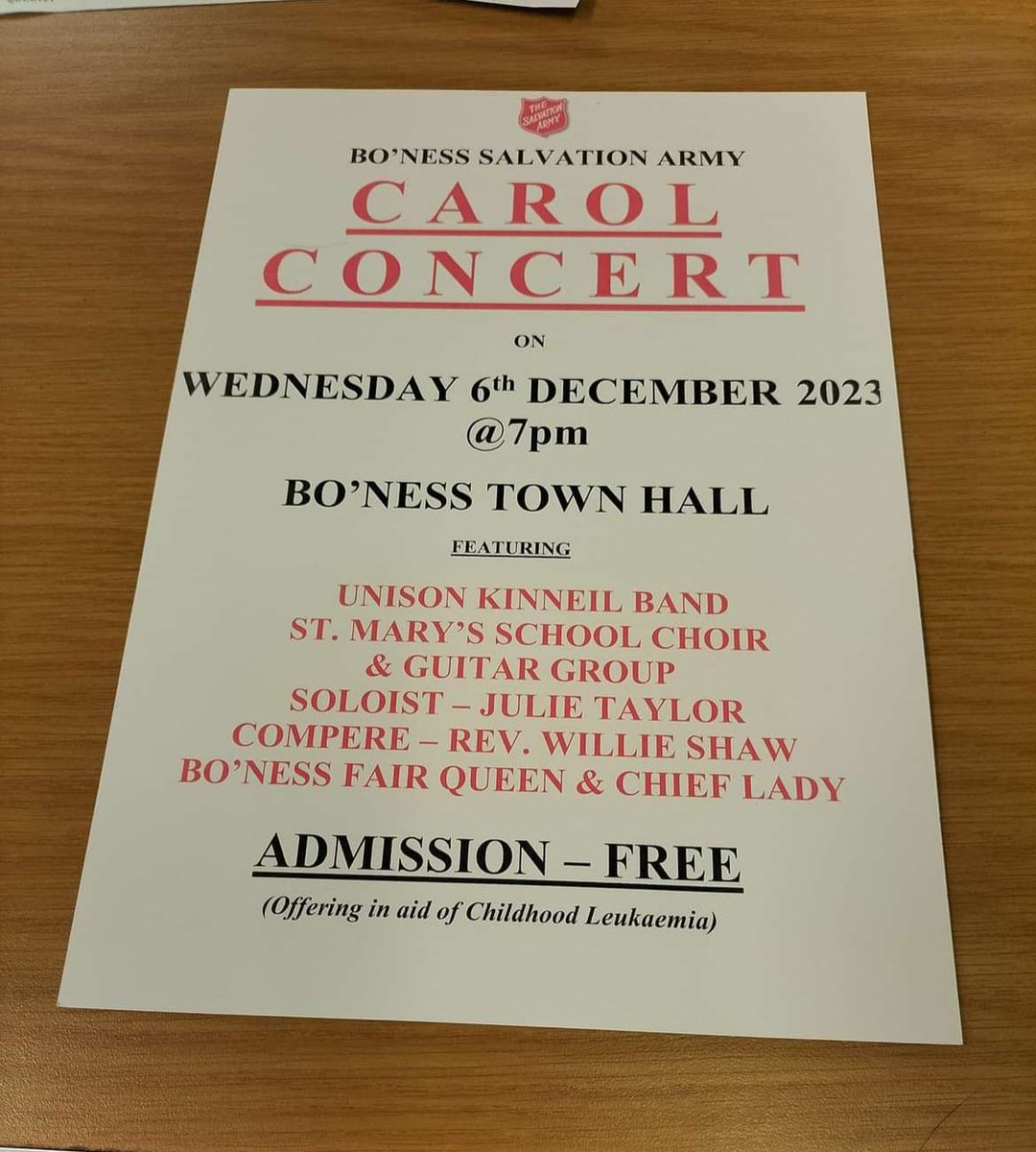 Please join us this Wednesday 6th Dec at the Bo’ness Town Hall, 7pm, where we are supporting our friends at Bo’ness Salvation Army.
