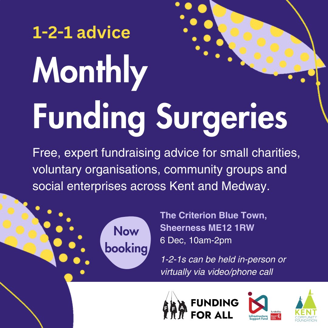 Our next Monthly Funding Surgery is this Wednesday, 6 Dec. Meet 1:1 with our #Fundraising advisor &amp; get your questions answered. We can suggest funders, help with tricky application forms, signpost to partners, offer fundraising ideas &amp; more

Book tinyurl.com/39k47reh
