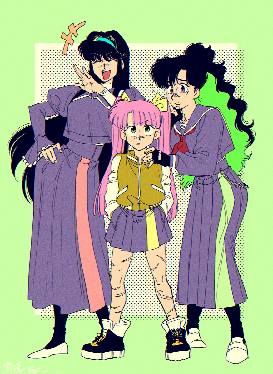 multiple girls long skirt skirt school uniform 3girls pink hair black hair  illustration images