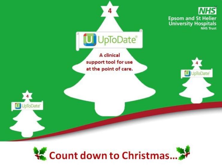 esthLISeducat's tweet image. Day 4 of the #ESTHLisAdvent Calendar. @UpToDate is an evidence-based clinical decision support tool popular with our medical consultants!  Available to all clinical staff @epsom_sthelier, @SurreyDownsHC and @SuttonHandC: calendar.myadvent.net/?id=53f63035ec…