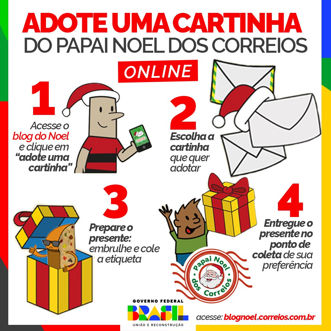 ✉️🎅🇧🇷A campanha “Papai Noel dos Correios” seleciona, todos os anos, cartinhas escritas por crianças para serem “adotadas” por padrinhos e madrinhas, que enviam o presente pedido, a ser entregue pelos Correios, feito mágica! Adote uma cartinha!
++