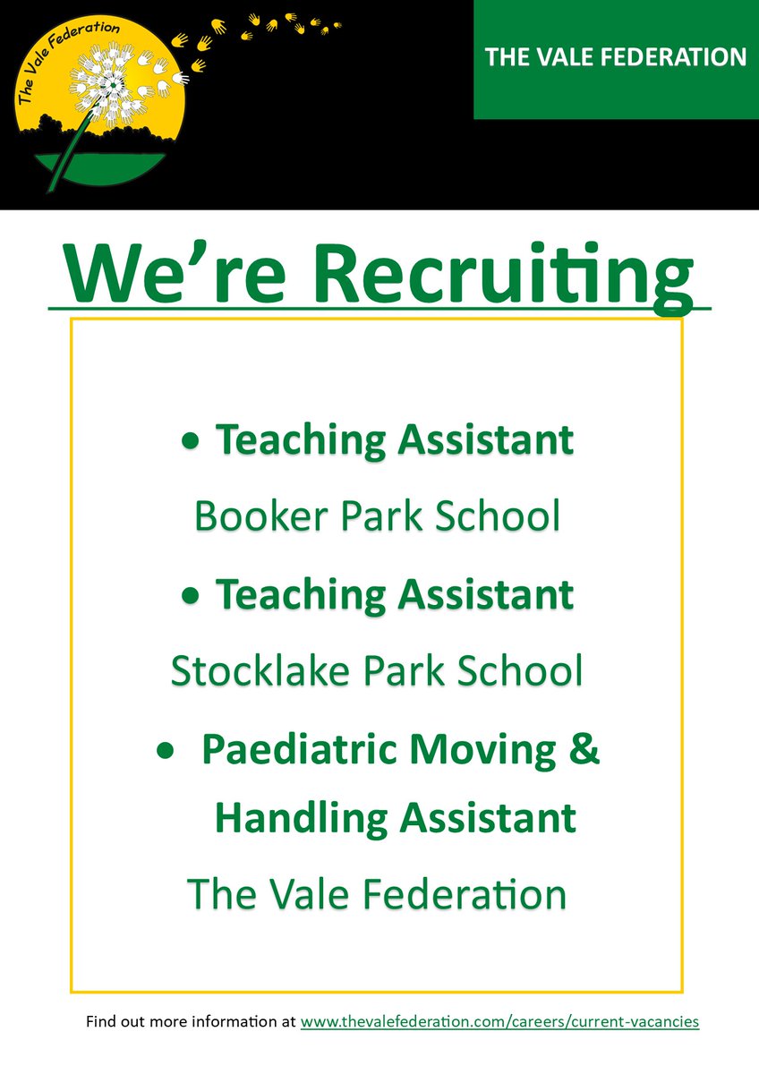 New amazing opportunities are avaliable across the Vale Federation of Schools. Click the link to find out more: thevalefederation.com/careers/curren…