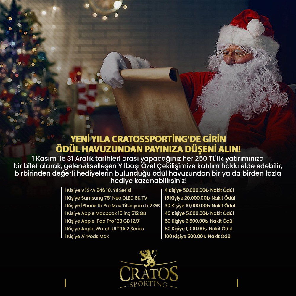 1 Kasım ile 31 Aralık tarihleri arası yapacağınız her 250 TL'lik yatırımınıza bir bilet alarak, gelenekselleşen Yılbaşı Özel Çekilişimize katılım hakkı elde edebilir, birbirinden değerli hediyelerin bulunduğu ödül havuzundan bir ya da birden fazla hediye kazanabilirsiniz!