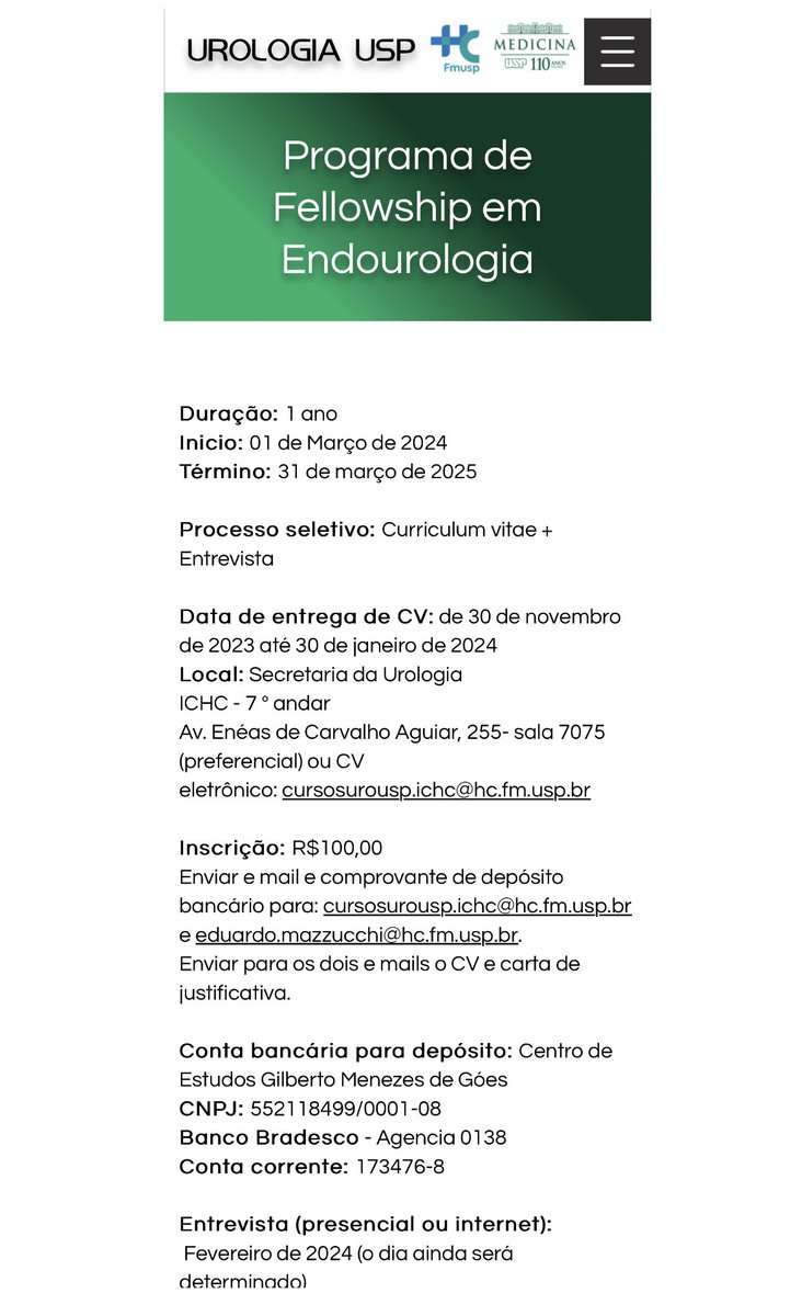 Giovanni Marchini🇧🇷 (@gsmarchini) on Twitter photo Para quem estiver interessado em conviver com especialistas em cálculo renal e alta tecnologia em 2024, fica aqui o convite para inscrição no Fellowship de Endourologia do <a href="/hospitalHCFMUSP/">Hospital das Clínicas de São Paulo</a> @urologiausp
.
urologiausp.com.br/fellowship-em-…
Recomendo!
#urousp #endourologia #fellowship Para quem estiver interessado em conviver com especialistas em cálculo renal e alta tecnologia em 2024, fica aqui o convite para inscrição no Fellowship de Endourologia do <a href="/hospitalHCFMUSP/">Hospital das Clínicas de São Paulo</a> @urologiausp
.
urologiausp.com.br/fellowship-em-…
Recomendo!
#urousp #endourologia #fellowship
