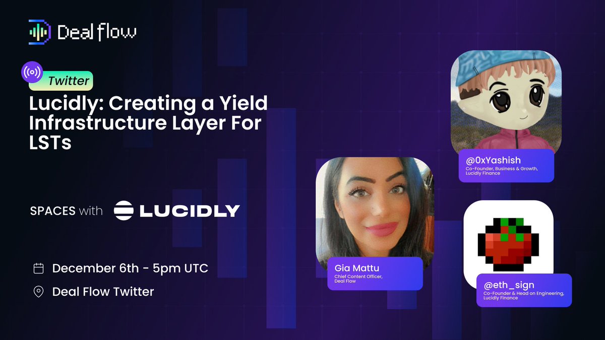 dealflowpodcast's tweet photo. Lucidly: Creating a Yield Infrastructure Layer For LSTs
๐ฅGet ready for our next #LIVE #XSpaces!
๐ December 6th - 5pm UTC
Join the discussion with @LucidlyFinance, @0xYashish and @eth_sign
Reserve your seat in the discussion! ๐๏ธ๐ #SaveYourSpot
https://t.co/U4WE52SMB0 https://t.co/enzozLyIaq
