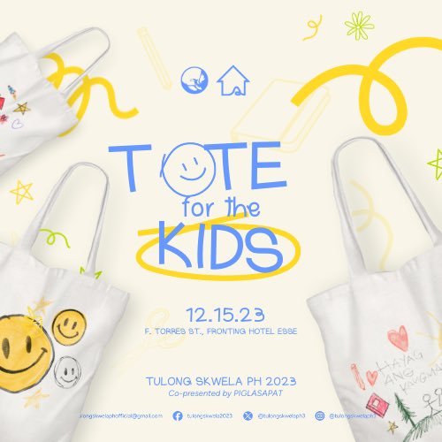TulongSkwelaPH3's tweet photo. Bright colors breathe a child’s dream to life for every purchase of a tote bag! 🖌️🎨
 
Ticket selling for 𝐓𝐨𝐭𝐞 𝐟𝐨𝐫 𝐭𝐡𝐞 𝐊𝐢𝐝𝐬 is still ongoing! Ticket price is only at 𝐏𝐡𝐩 𝟏𝟓𝟎! 🖍️✨

🖇️ Scan the QR Code or register here: https://t.co/rnu98LOIDo https://t.co/J0SzFEq28P