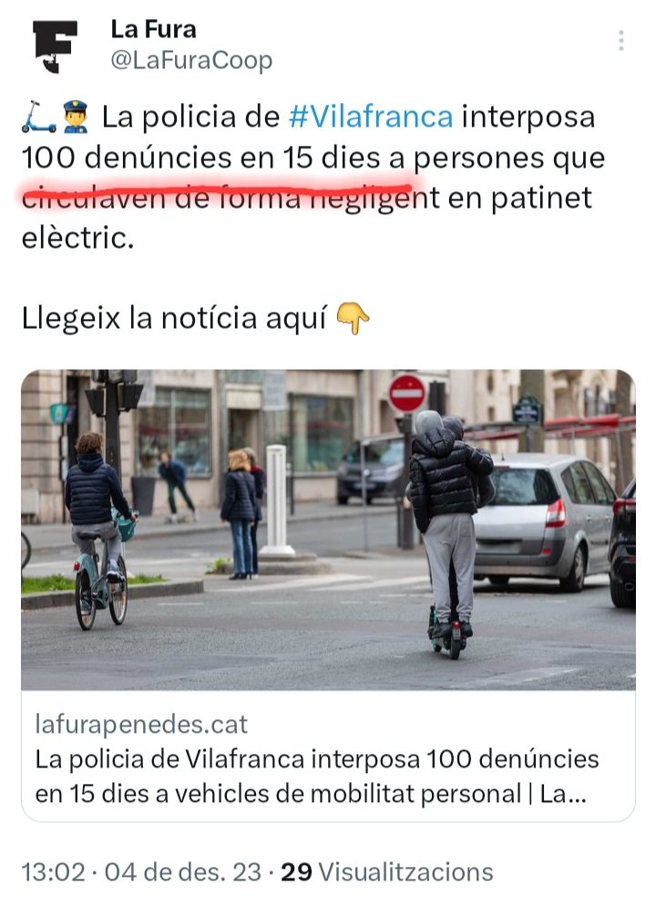LluisNavarrete's tweet photo. Quan públiques molt per semblar que estàs fent bona feina, però la realitat és un altre quan fas una comparació amb municipis de la Vegueria:
👉 El Vendrell : 1 multa mitjana/dia
👉 Vilafranca : 7 multes mitjana/dia
#patinets #multes #ElVendrell https://t.co/4mKtbzul0L