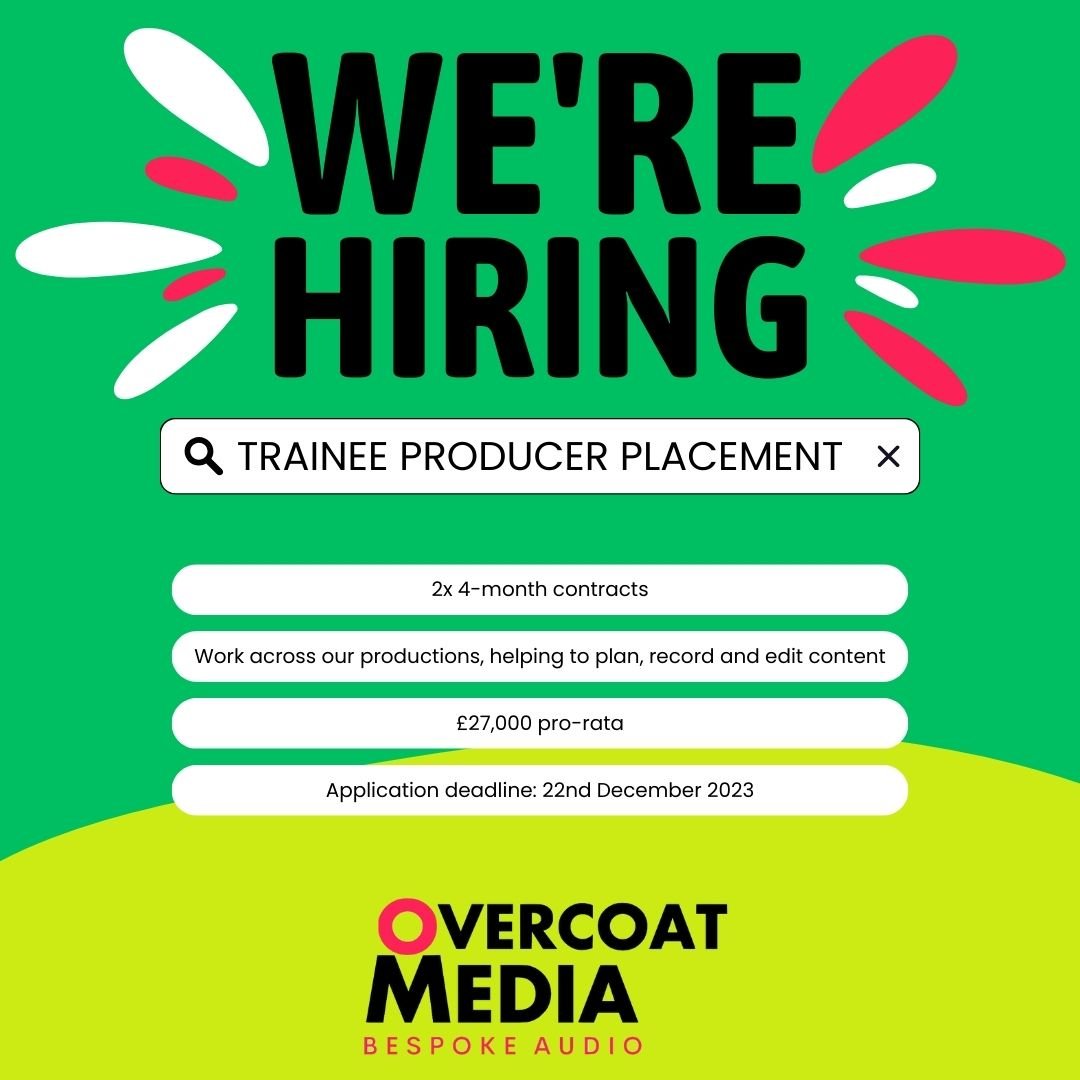 Overcoat Media are hiring! 

We are pleased to have teamed up with <a href="/radioplatfform/">Radio Platfform 📻🎧🎤</a> at the Wales Millennium Centre <a href="/theCentre/">Wales Millennium Centre</a> to offer two trainee production placements in 2024. 

More details here: bit.ly/4a5L5fV