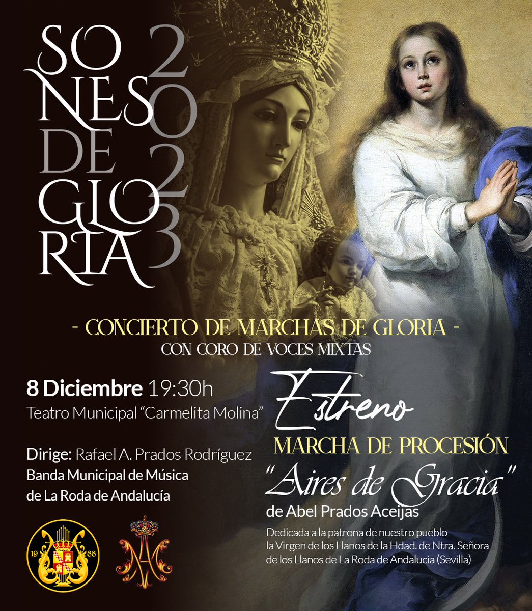#SonesDeGloria2023 | 𝕾𝖔𝖓𝖊𝖘 𝖉𝖊 𝕲𝖑𝖔𝖗𝖎𝖆 1ª Edición - CONCIERTO DE MARCHAS PROCESIONALES y el Estreno de "Aires de Gracia"

¡Os esperamos este viernes 8 en lo que será un concierto histórico!🎼