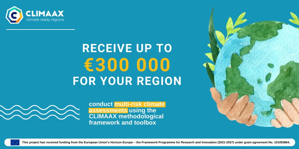 📢4⃣ days left to launch the 1st #OpenCall to select regions and communities that will implement the <a href="/climaax_EU/">CLIMAAX</a> #ClimateRiskAssessment methodological framework and toolbox!

Learn more 👉 bit.ly/3FcmpnP

#climatechange #resilience #HorizonEurope