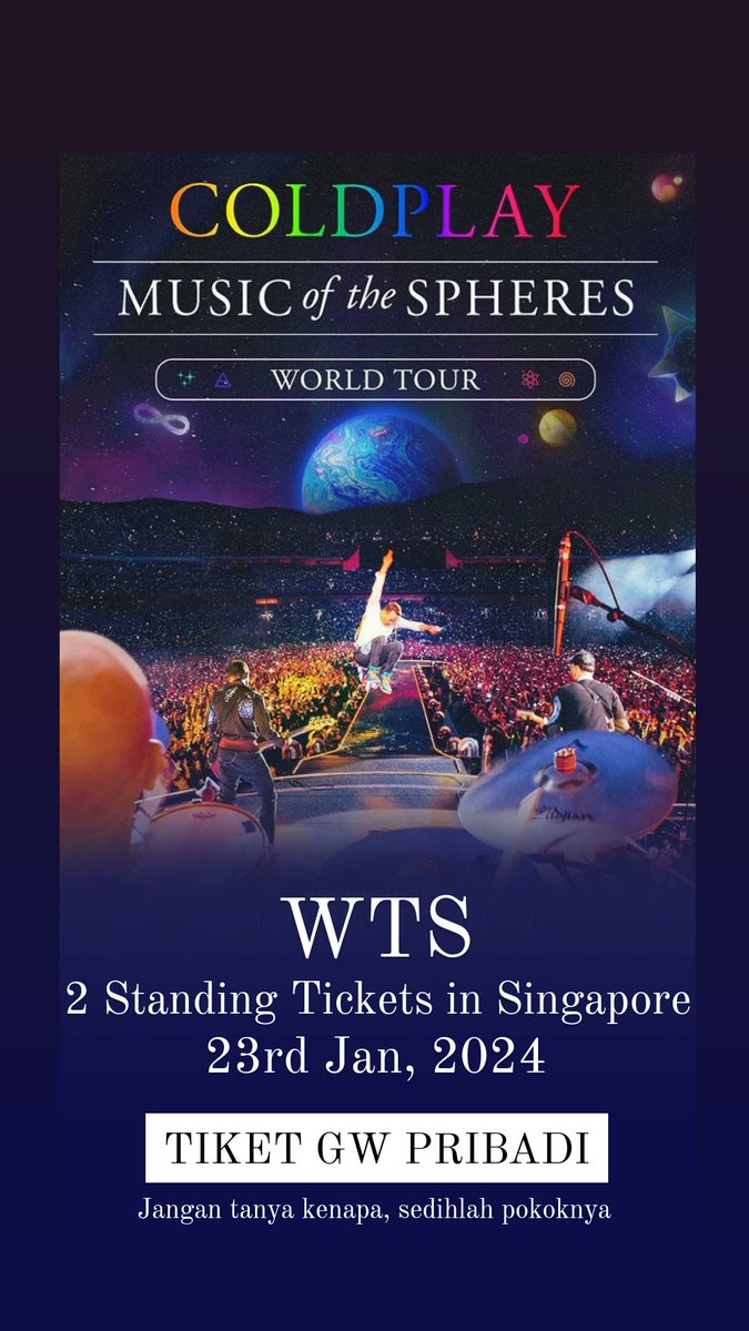 geri_gunawan's tweet photo. Kali aja ada yang mau.
2 tiket category Festival (standing) di Singapore. Punya gw pribadi. Jual murah buat mudik #tiketcoldplay #Coldplay #jualtiketcoldplay https://t.co/4XFxzFBl4k