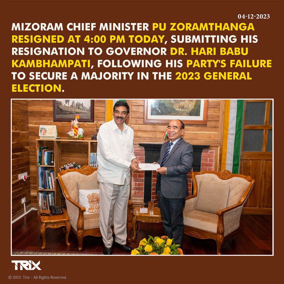 'Mizoram Chief Minister Pu Zoramthanga Resigns After Election Setback'.
#ZoramthangaResignation #MizoramPolitics #GovernanceChange #ElectionResults #PoliticalDevelopments #GovernorHariBabuKambhampati #LeadershipTransition #StateGovernance #MizoramCM #2023Elections #trixindia