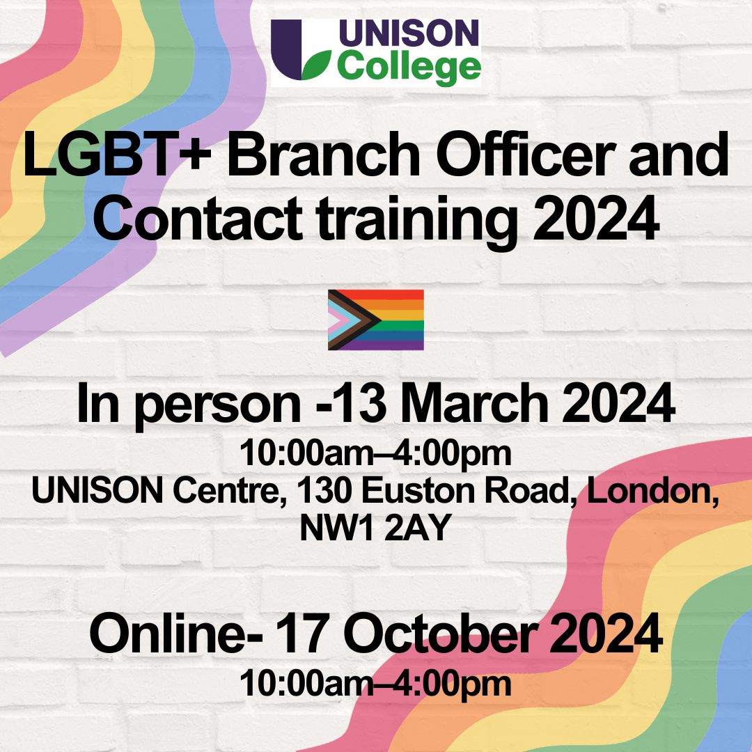 With next year being #UNISON Year of the LGBT+ Worker, now is the time to book onto LGBT+ Officer training being run by @unisonlearning Full details can be found below: learning.unison.org.uk/events/lgbt-br… learning.unison.org.uk/events/lgbt-br…