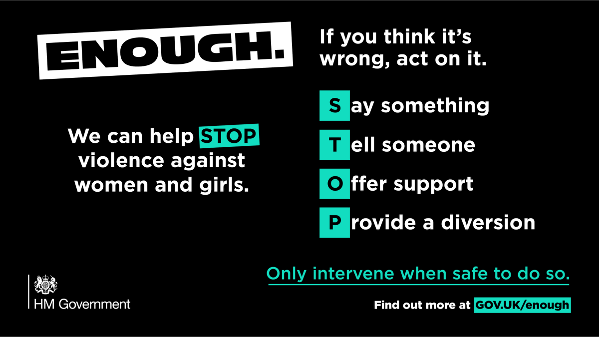 There are many ways you can safely tackle violence against women and girls. 

If you think it's wrong, act on it. Just think STOP. 

Find out more at gov.uk/enough