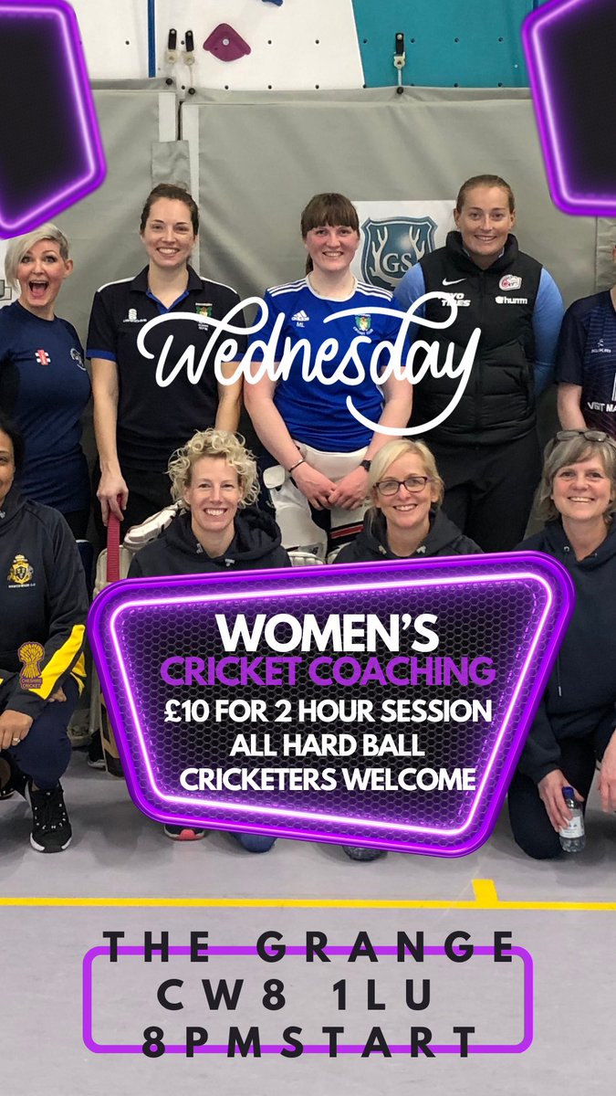 booking.ecb.co.uk/d/w1q7s6 Still spaces available for this Wednesdays Womens Hard Ball Cricket Coaching 8pm-10pm at The Grange Sports Hall CW8 1LU Booking using the link above ⬆️