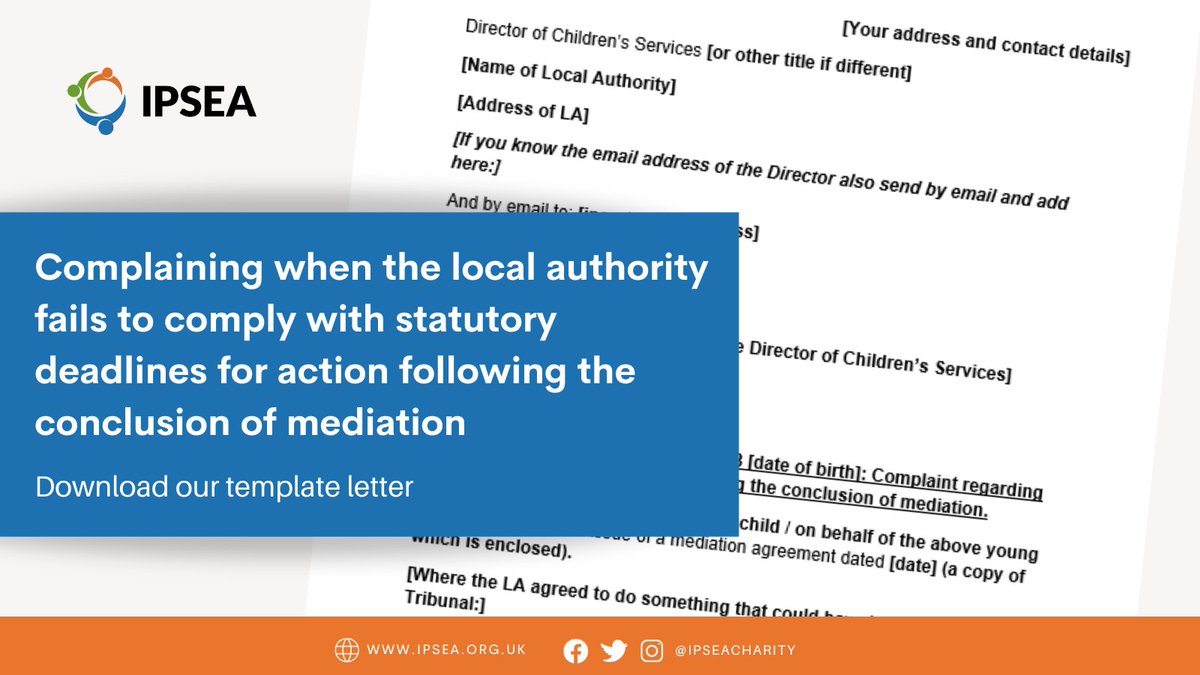 IPSEAcharity's tweet photo. New template letter📑

We’ve published a new website page with info on how to complain when your LA fails to comply with statutory deadlines for action following the conclusion of mediation - including a template to help you make a complaint

Find it here: https://t.co/8Uc9v7Rgcl https://t.co/5HmnB2w8g0