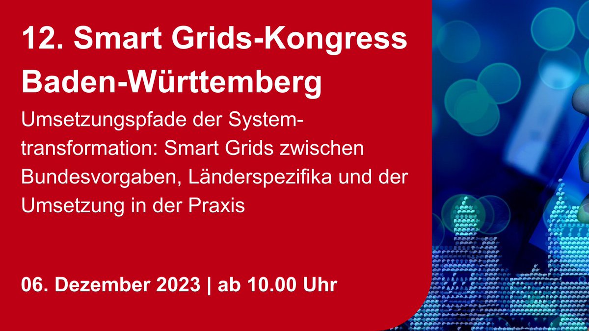 Besuchen Sie den Klima-Coach Infostand auf dem 

12. Smart Grids-Kongress Baden-Württemberg
📆 06.12.2023
🕑 ab 10.00 Uhr
📍 Schwabenlandhalle, Fellbach

ℹ️klima-neutral-digital.de/veranstaltunge…

<a href="/ZSW_BW/">ZSW</a>