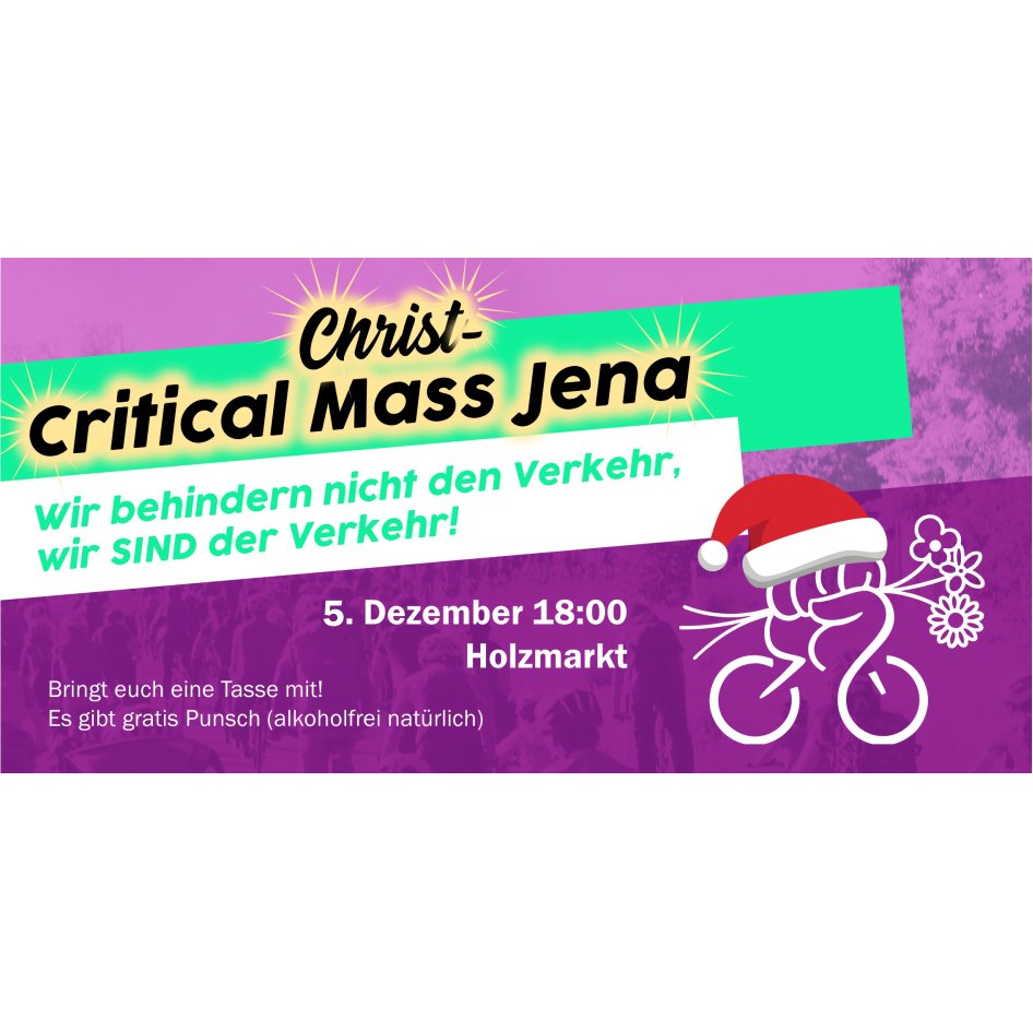 Morgen findet wieder die Critical X-Mass statt. Wir fahren für bessere Radverkehrsbedingungen. Das bedeutet gerade im Winter, dass die Wege beräumt sind, damit die Radfahrsaison 365 Tage sicher andauern kann. Wir starten 18.00 Uhr am Holzmarkt und es gibt leckeren Kinderpunsch.