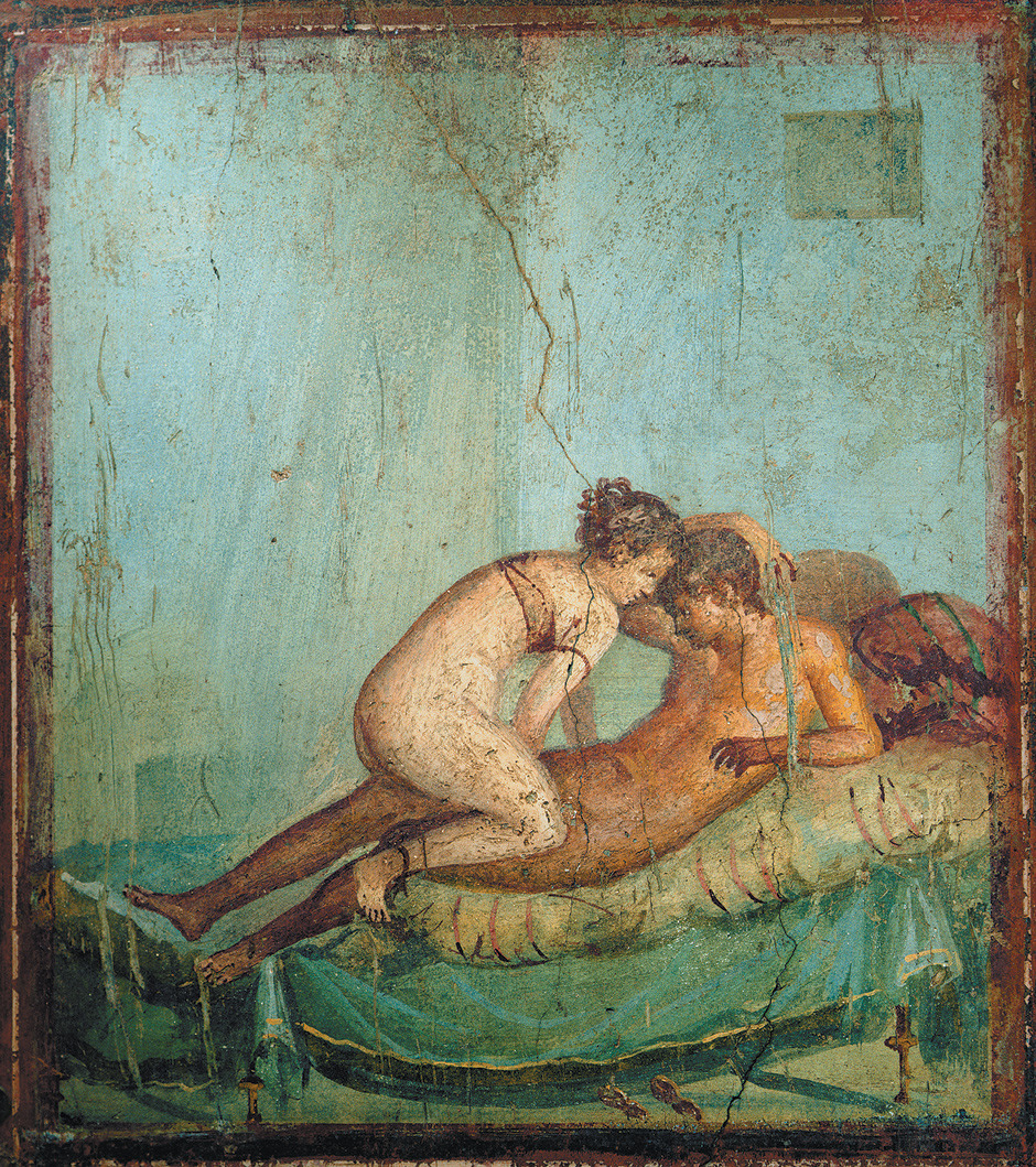 Detail of fresco of couple in bed. From southern wall of room 43 (Cubiculum) in the House of the Centurion (IX 8,3) in Pompeii, 1st Century.