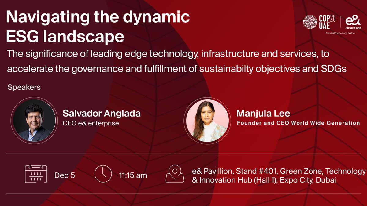 Join us on December 5, at the @etisalatAnd Pavillion as Salvador Anglada, CEO of @eandenterprise and our founder and CEO @Manjula_Lee discuss the fulfillment of sustainability objectives & #SDGs. In-person eandenterpriseevents.com/cop-28-uae/ LinkedIn Live linkedin.com/events/navigat… #COP28UAE