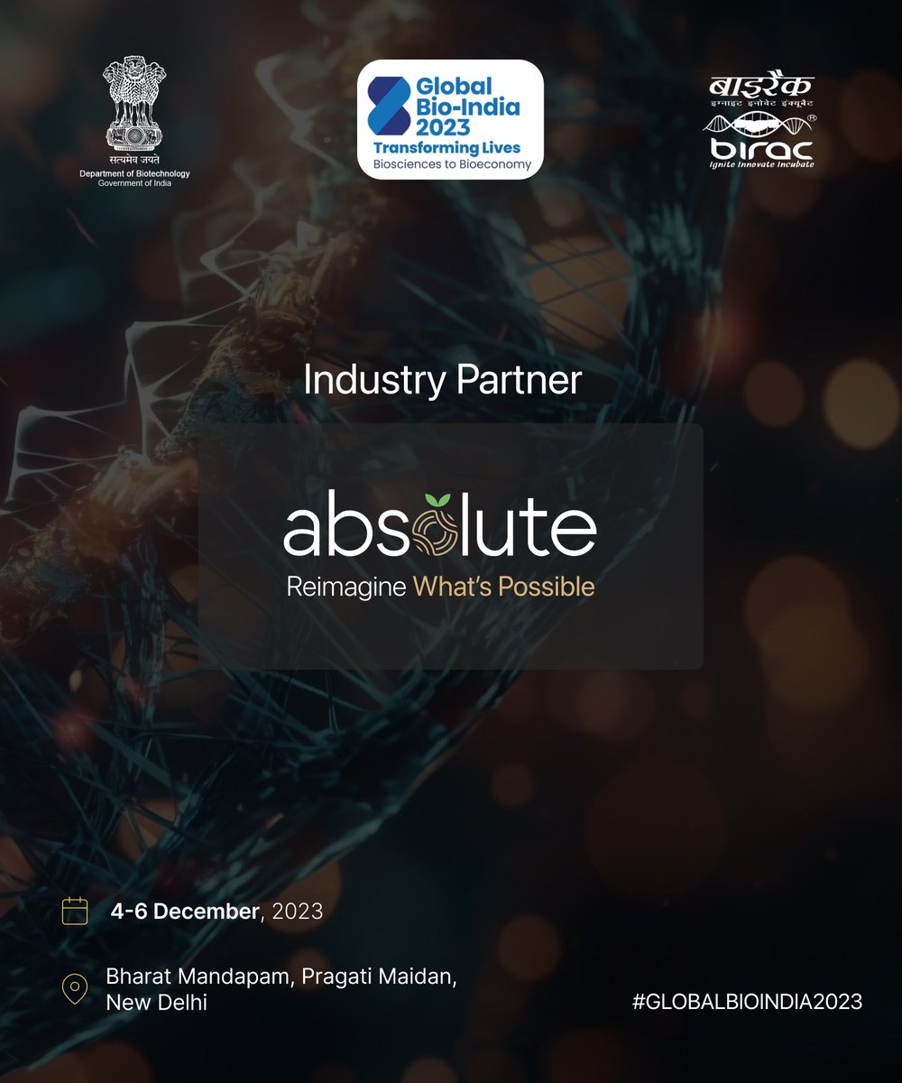 Absolute (@go_absolute) on Twitter photo Collaborating with <a href="/GlobalBioIndia/">Global Bio India</a> as an industry partner for their 3rd summit. Join us for the event from 4th-6th December at Bharat Mandapam, Pragati Maidan, New Delhi.
Learn more at globalbioindia.org Collaborating with <a href="/GlobalBioIndia/">Global Bio India</a> as an industry partner for their 3rd summit. Join us for the event from 4th-6th December at Bharat Mandapam, Pragati Maidan, New Delhi.
Learn more at globalbioindia.org