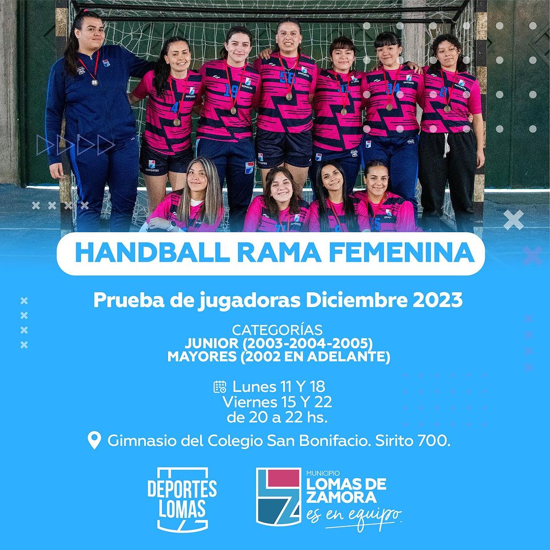 lomasdeportes's tweet photo. ➕¡Súmate a ser parte de Handball Lomas!

Lunes 11 y 18, Viernes 15 y 22 de Diciembre.
En el Gimnasio del Colegio San Bonifacio. Sirito 700.

🔹Categorías Cadetas y Juveniles de 18:30 a 20 hs.

🔹Categorías Junior y Mayores de 20 a 22 hs. https://t.co/gXC5Jf9Rz1