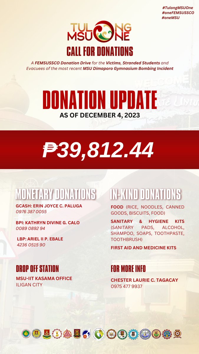 danariousity's tweet photo. Hello, kind souls. Let us help our brothers and sisters from MSU-Marawi through monetary and in-kind donations. For morr information, please refer to the images below. Thank you! π€
#MSUOne https://t.co/tpMScDU132