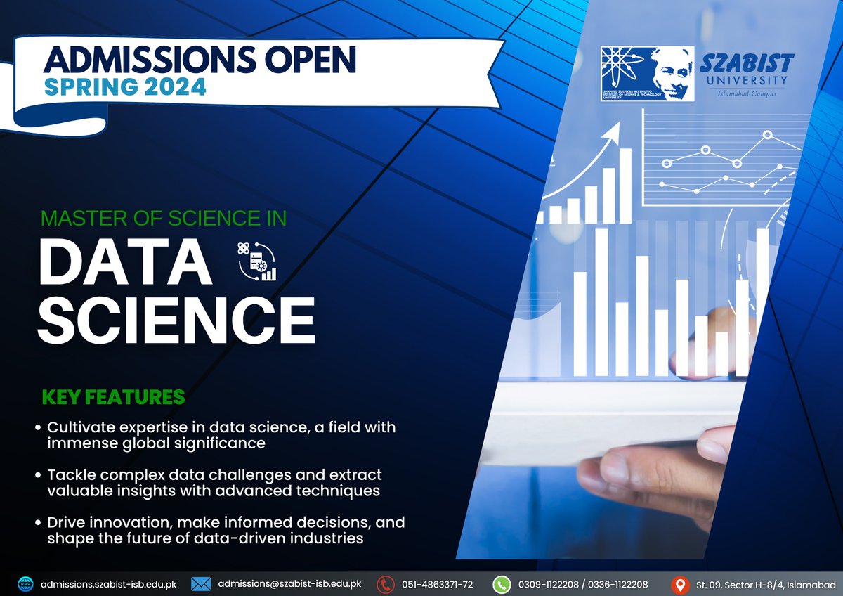 SZABISTOFFICIAL's tweet photo. MS Data Science Admissions Open for Spring 2024 

 Our MS Data Science program is now accepting applications for Spring 2024

Click here: https://t.co/8WvIR3PyB2

 #SZABIST #szabistislamabad #MSDataScience #AdmissionsOpen #DataDrivenInnovation #Spring2024Admissions https://t.co/EOJMINjuHJ