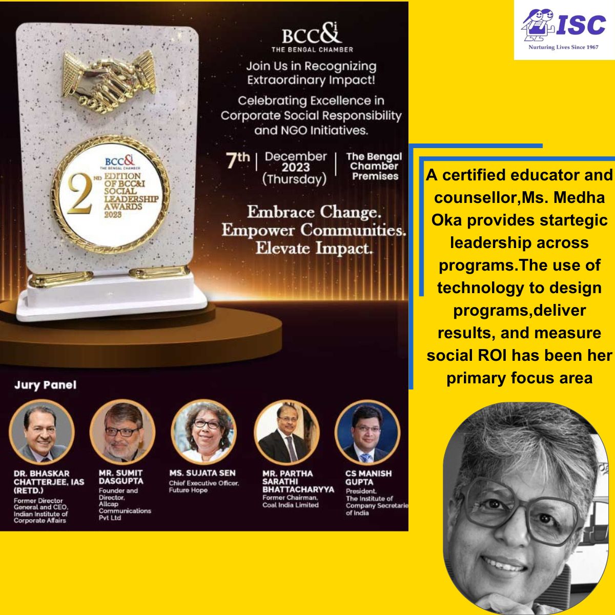 _IamISC_'s tweet photo. @BenCham1833 https://t.co/vpwwKYKdeQ
Thrilled to be nominated for 2nd Edition of CSR Conclave and Social Leadership Award by BCC&amp;I.
Our Executive Director @medhaoka joins as panelist on the Day for Discussion on CSR Strategy-Linking Profits and Purpose.Dec 7th,2023,BCC&amp;I,Kolkata https://t.co/PofX3w4GxC