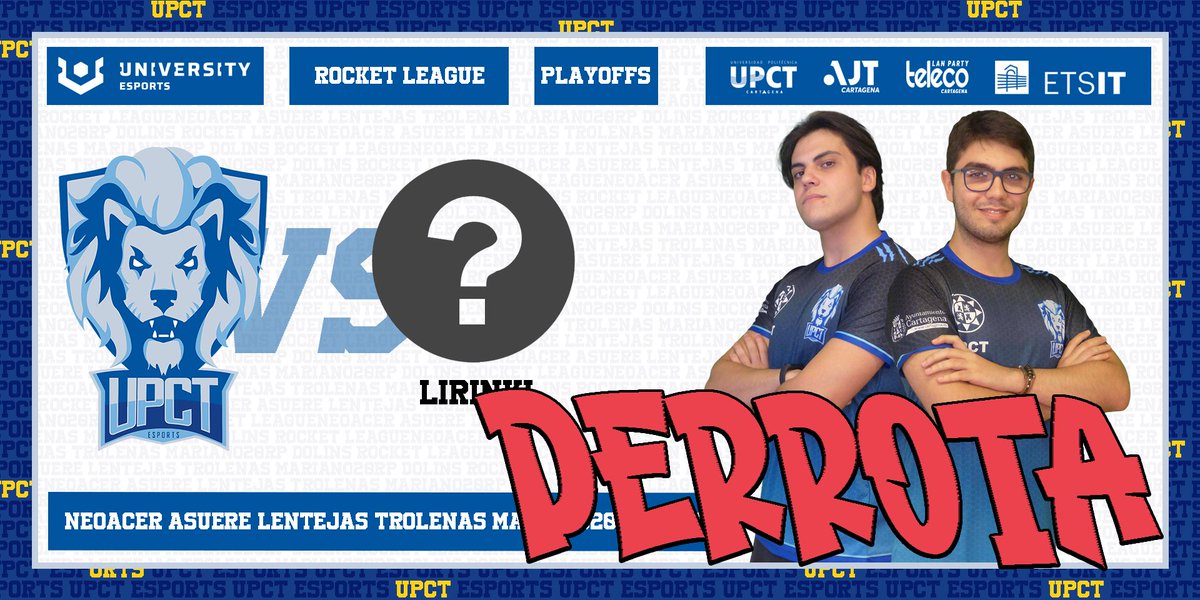 UPCT Esports (@upctesports) on Twitter photo Este fin de semana jugamos los playoffs del clasificatorio a <a href="/Gamergy/">GAMERGY</a> de <a href="/University_ES/">UNIVERSITY Esports Spain 🇪🇸</a> en Rocket League.
Nos tocó contra #Lirinki y no conseguimos pasar de cuartos. Nos quedamos con el top 8 en este Split 1.
¡Volveremos en el Split 2 el año que viene a dar guerra! #VamosUPCT🦁 Este fin de semana jugamos los playoffs del clasificatorio a <a href="/Gamergy/">GAMERGY</a> de <a href="/University_ES/">UNIVERSITY Esports Spain 🇪🇸</a> en Rocket League.
Nos tocó contra #Lirinki y no conseguimos pasar de cuartos. Nos quedamos con el top 8 en este Split 1.
¡Volveremos en el Split 2 el año que viene a dar guerra! #VamosUPCT🦁