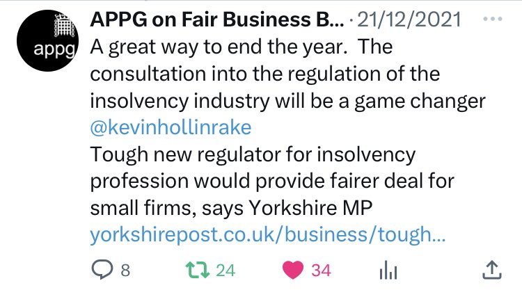 AmyCallin's tweet image. Hello @kevinhollinrake it’s nearly two years since this post by @APPGbanking on the proposed reform of the Regulation of the #Insolvency Industry. I’m about to be made homeless by an IP despite being under investigation. I would be grateful for an update please…