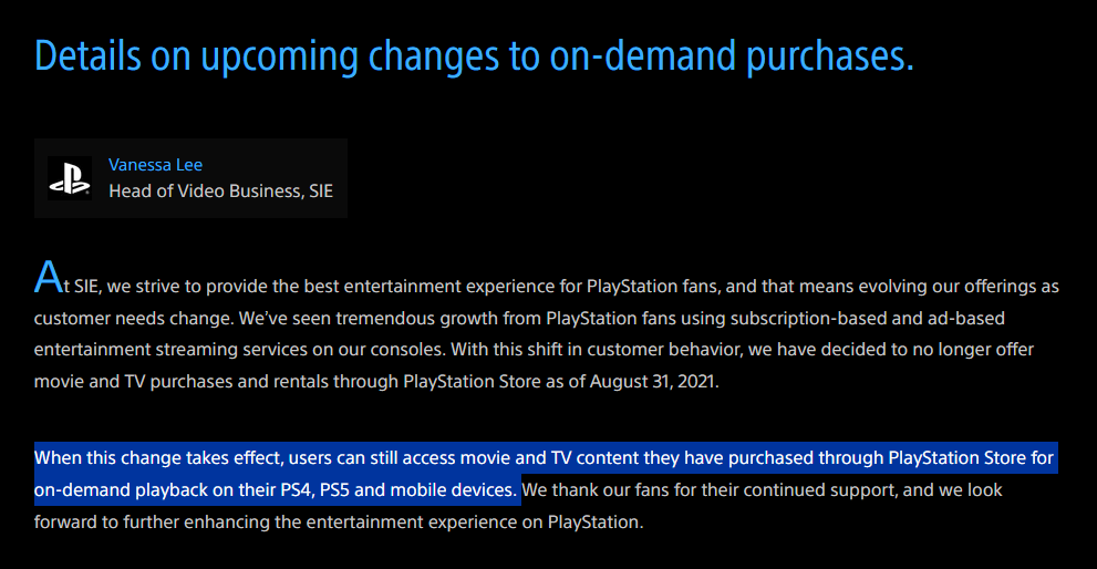 PlayStation Store discontinuing TV and movie purchases and rentals