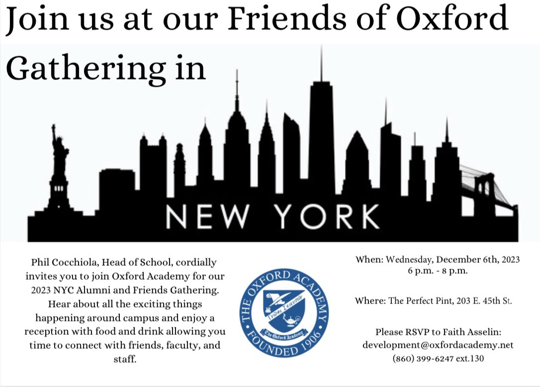 Oxford1906's tweet photo. Last call! Just a final friendly reminder that OA alumni, family, and friends will be gathering in NYC this Wednesday evening. A great time to catch up with friends, former teachers, and to learn about what’s new at Oxford! 

We hope to see you there! https://t.co/WYKgHWSVyh