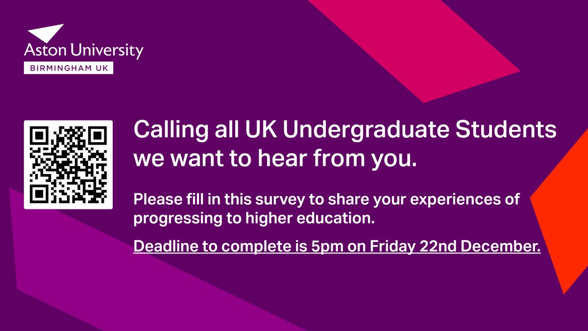 Calling all UK Undergraduate Students: we want to hear from you!

By taking part in this survey, you will be supporting our <a href="/AstonOutreach/">Aston Outreach</a> team when working with pre and post 16 students in schools and college before they enter higher education.

👉 tinyurl.com/2ytebwmr