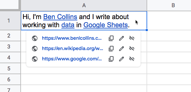 Quick #GoogleSheets tip to start the week: When you hover over a cell with multiple hyperlinks, they show up sequentially in a box. And if you right click on a cell with multiple hyperlinks, you can open them all at once. Handy!