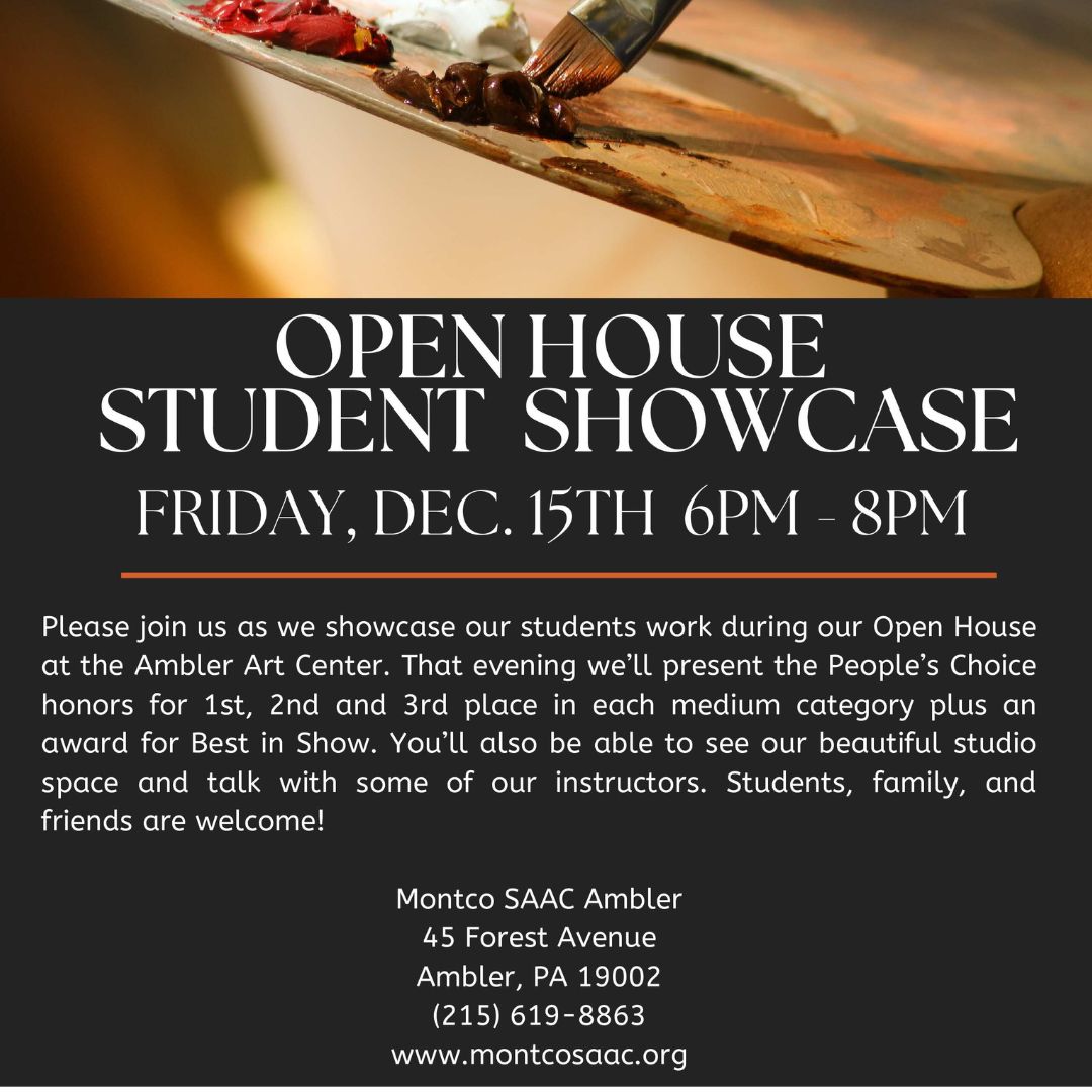 MontcoSAAC's tweet photo. Please join Montco SAAC and the Art Center at Ambler for our Open House Student Showcase on Friday, December 15th from 6 - 8PM!

Students, families, and friends welcome!

#norristownpa #amblerpa #glensidepa #montcosaac  #seniorcenter #montcopa #mealsonwheels #seniorservices https://t.co/SQ7oo37Stv