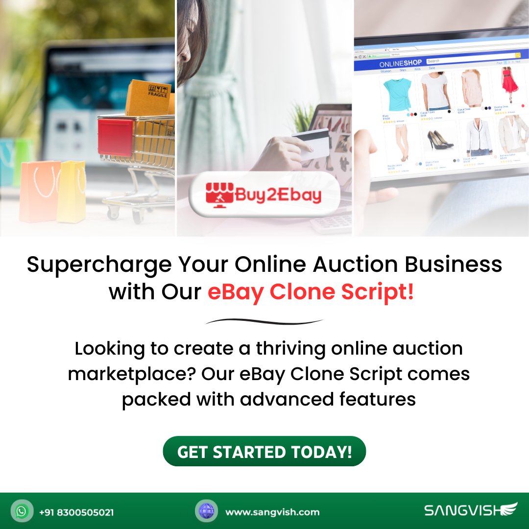 SangVishTech's tweet image. 🔨 Build, Bid, Boom! Our #eBayCloneScript is the ultimate toolkit for crafting your own dynamic online auction platform. 💻🔥 bit.ly/3QZem32
Unleash the power of bidding and let success be your auctioneer.  
Visit: sangvish.com/ebay-clone/
#ebayclone #business