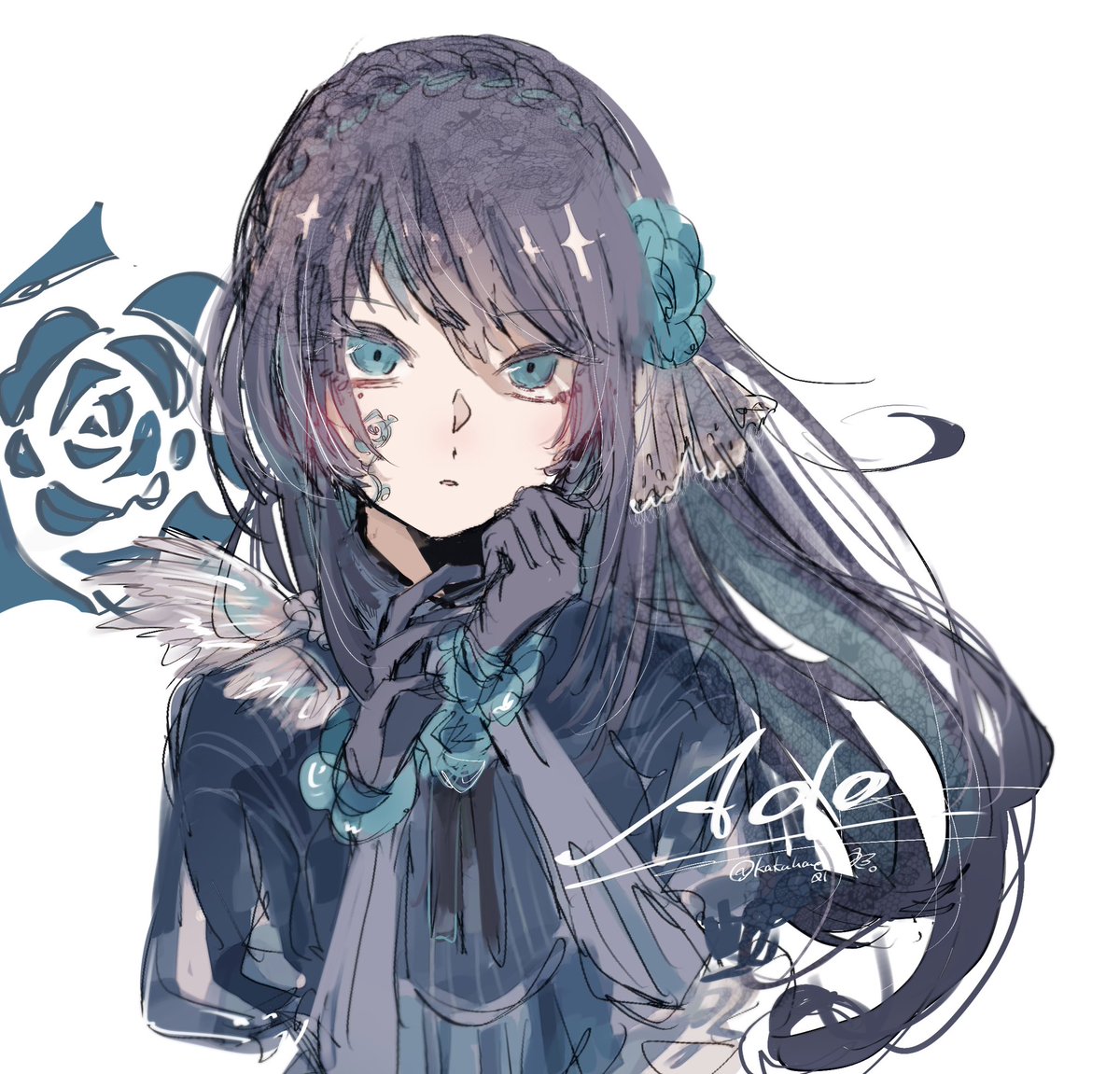 ado (utaite) 1girl solo long hair gloves blue eyes looking at viewer flower  illustration images