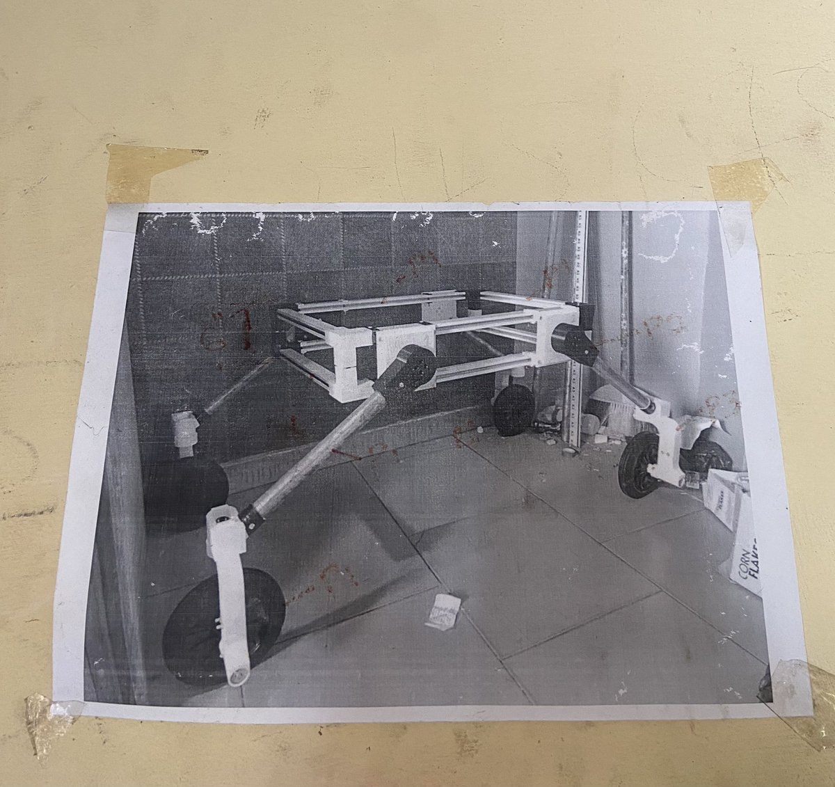 We have a b/w printout of the second prototype of our autonomous farm robot I built in my dorm room back in uni in our workshop.

We’ve progressed so so much since the days of 3D prints and aluminum extrusion bars :)

#ros #Robotics #agtech