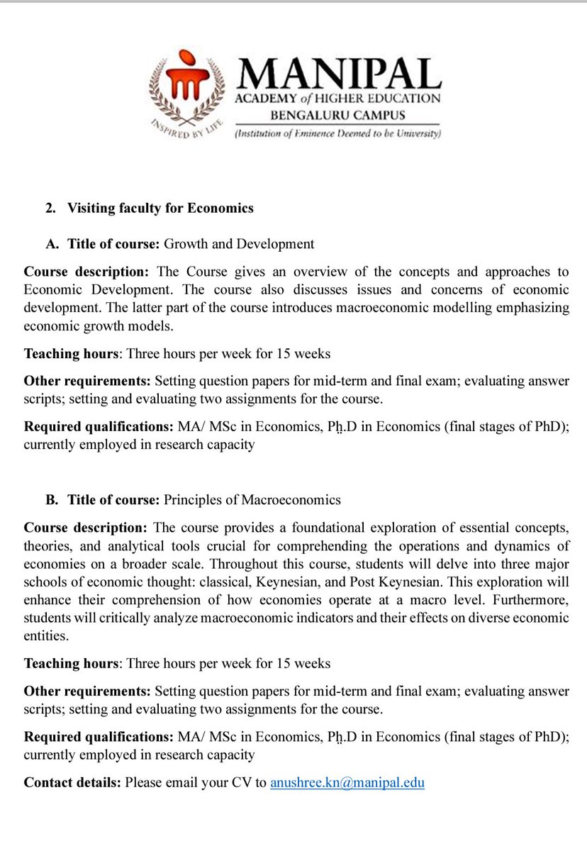 My department is looking for visiting faculty for courses in economics and political science for the upcoming semester in January 2024. Please do share and apply if you're interested.